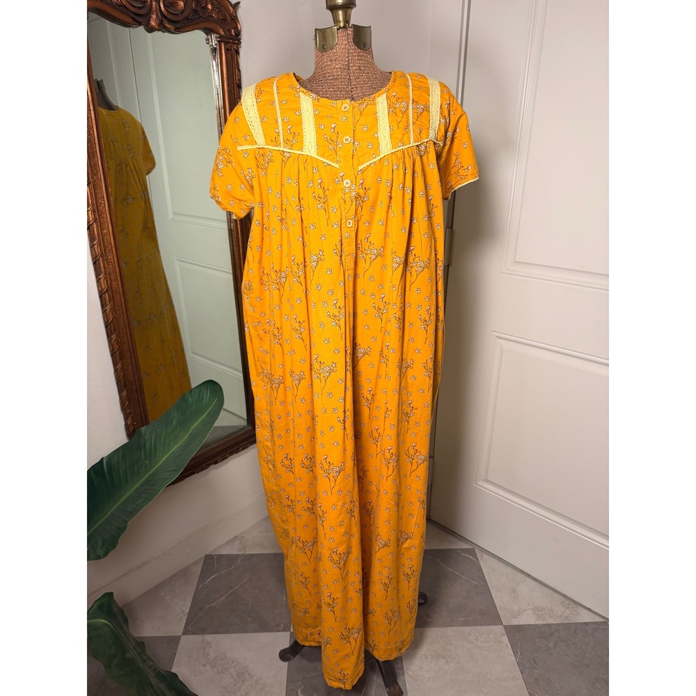 Natural Vintage Orange Floral Lace Trim Maxi Nightgown Lounger Dress Large
